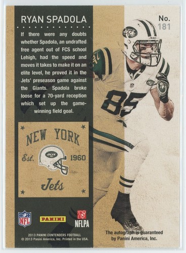 RYAN SPADOLA 2013 Panini Contenders Football - Rookie Ticket - AUTO #181 - Picture 2 of 2