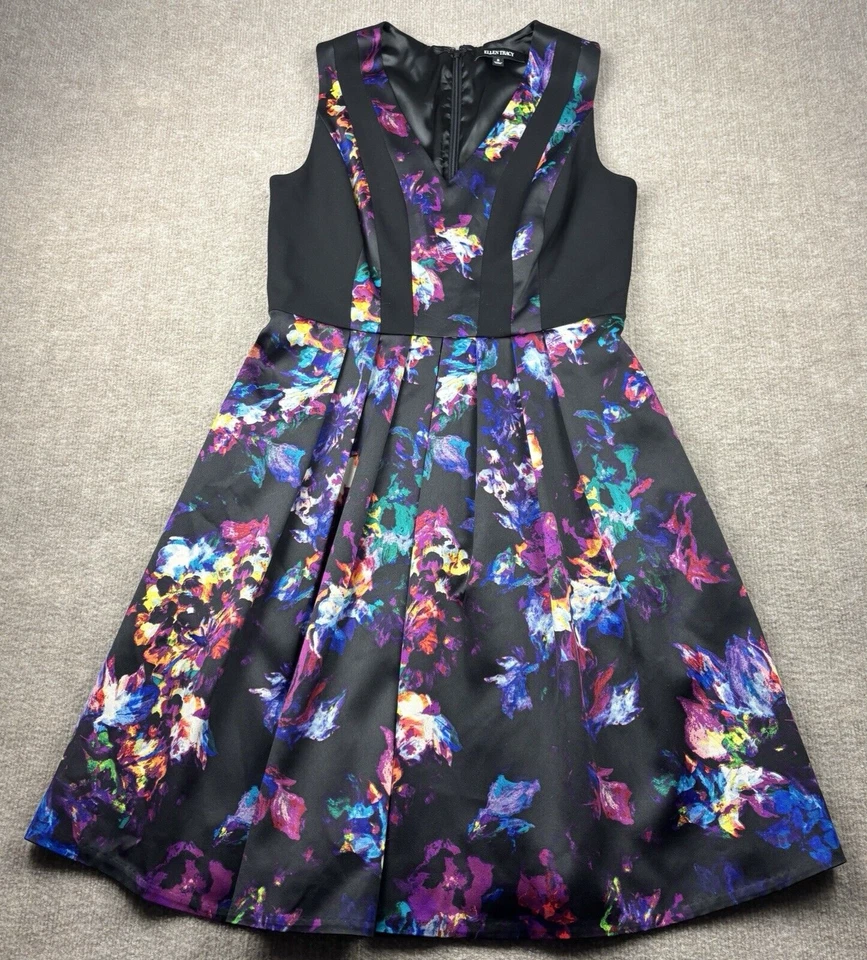 Vestido Ellen Tracy Talla 8 Plisado Ajuste y Acampanado Sin Mangas Negro con Acuarela Floral Foto 4 de 4