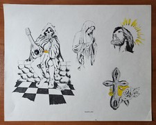 ORIGINAL Vintage Guideline LTD Shop Used Tattoo Flash Sheet Reaper, Cross, Jesus