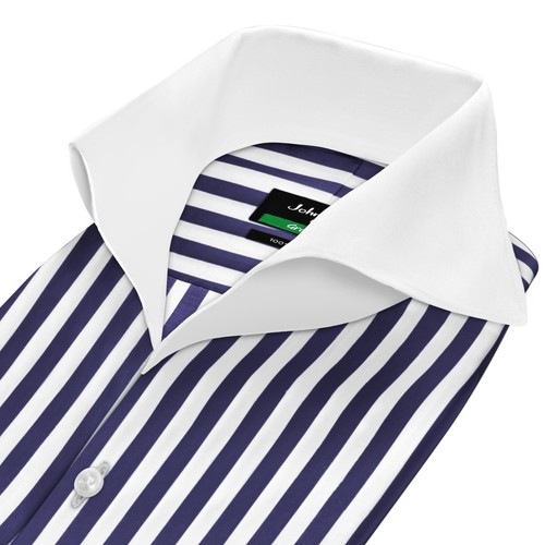 Marineblau Vorzelt Streifen hoch offen extrem abgeschnitten Kragen knopflos Herren Hemd - Bild 11 von 11