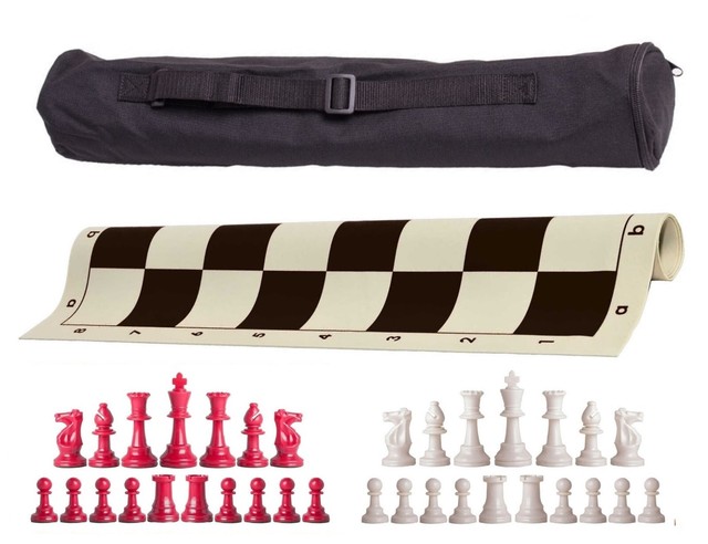 Black Archer Single Weight Chess Set - Board Bag w/ Red & White Pieces Black Archer Single Weight Chess Set - Board Bag w/ Red & White Pieces
