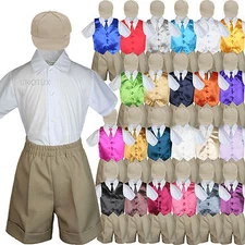 Boy Toddler Formal Vest Khaki Shorts & Hat Suit Satin Vest Necktie Hat 5PC Set