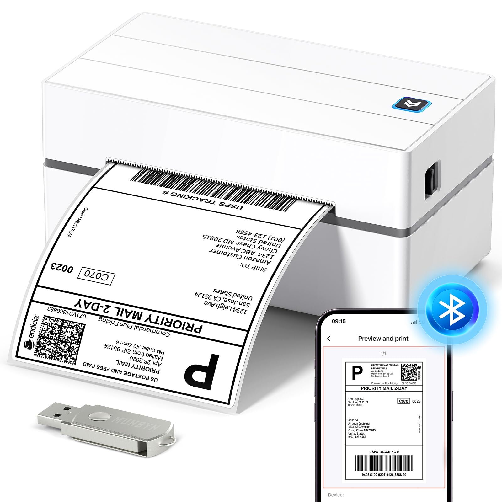 MUNBYN 130B Bluetooth Label Printer, 4x6 Thermal Shipping 4x6, White