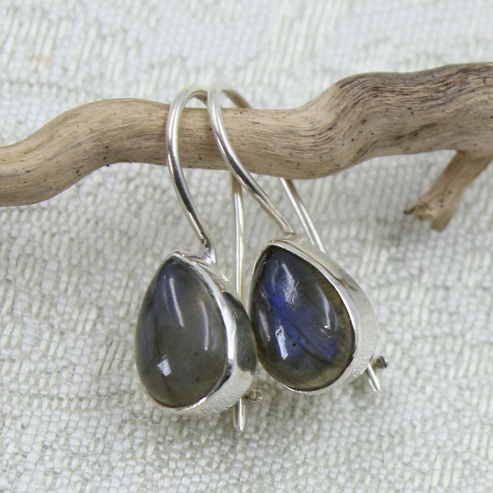 Labratorite Orecchini Pendenti Argento Sterling 925 Gocce Moderno Cabochon Hv - Immagine 2 di 4