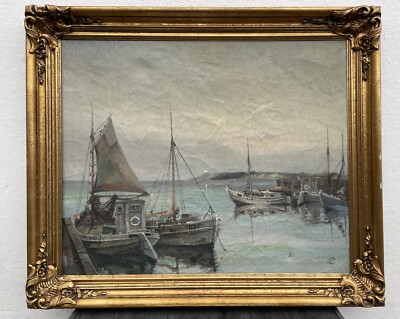 Impressionist Jens Sinding Christensen 1888-1990 Ostseehafen mit Fischerbooten 