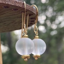 Min Favorit Frost White Cultured Sea Glass Bead  Gold Pl Artisan Earrings