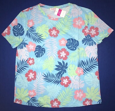 FRESH PRODUCE Medium Bluefin Blue $49 TROPIC Floral Scoop Neck Tee Top NWT New M