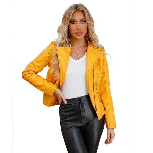 Women's Faux Leather Motorcycle Jacket Slim Fit Short Casual Lightweight Coat - Picture 16 of 101