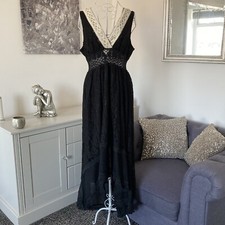 Black Sequin Crochet Trim V-Neck Floral Lace Overlay Hi Low Midi Sun Dress 8-10