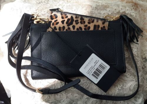 NWT SHIRALEAH CHICAGO BLACK LEATHER PRESTON CROSS BODY WALLET PURSE-LEOPARD