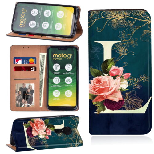 Funda con soporte de teléfono de cuero PU con inicial floral para Motorola Moto serie G - Imagen 20 de 34