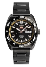 SEIKO 5 Sports SRP287K1 Black Steel Day Date 100m Gold Watch 4R36 Hardlex NOS