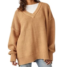 Free People Women’s Alli Oversized V-Neck Cotton-Blend Knit Sweater ~ Size L