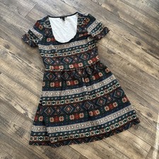 Forever 21 Fit & Flare Skater Dress Tribal Geometric Print Scoop Neck Small 