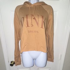 PINK Women's M Tan Pullover Hoodie Fleece Cotton Logo Drawstring Raglan