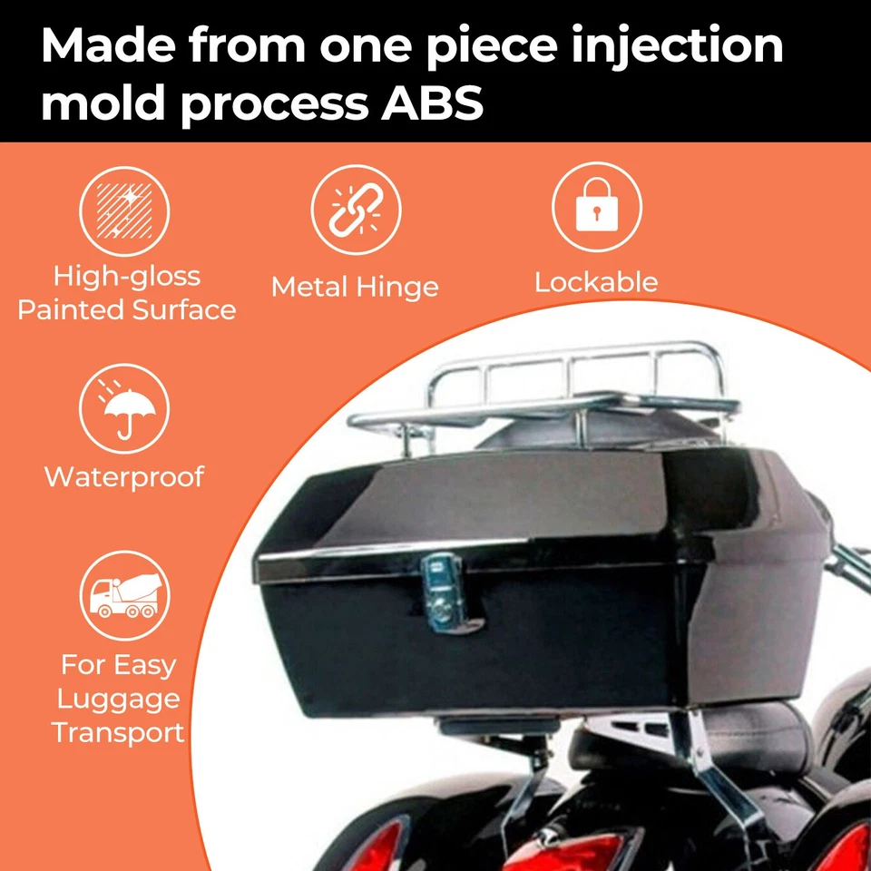 50L Universal Black Motorcycle Tail Box Trunk Top Rack Backrest For Harley Honda - Image 3 of 4