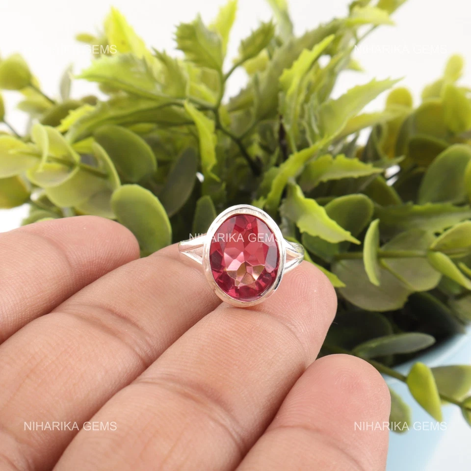 925 Пробы розовый турмалин драгоценный камень солитер Рождественское кольцо ювелирных изделий - Изображение 3 из 4
