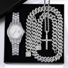 Hip Hop Silver Plated Luxury Watch Iced Cuban Chain Cross Necklace Bracelet Gift