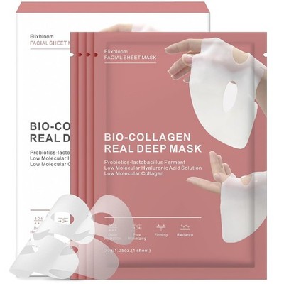 Elixbloom Bio-Collagen Face Mask, Real Deep Hydrating 4 Count (Pack of 1) 