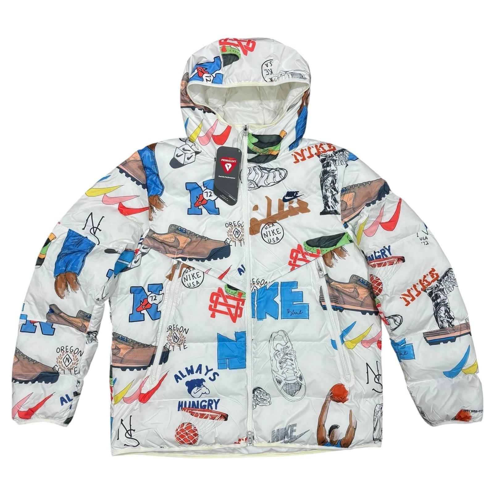 Nike Storm-Fit 'School Sketch' White Full Zip Puffer Jacket, Size XL FZ2288-133