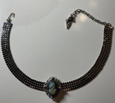 Vintage Whiting & Davis Kamee Silber Mesh Halsband Halskette verstellbar 