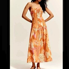 NWT Farm Rio x Anthropologie Maxi Dress Linen Blend Drop Waist Orange Small