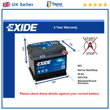 Car Battery EB442 Exide 063 420A 44Ah 4Yr Warranty 207x175x175 Excell