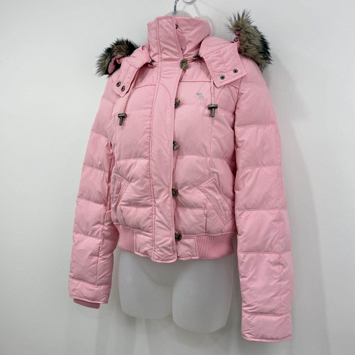 VTG Y2K Abercrombie & Fitch Down Puffer Jacket M Pink Faux Fur