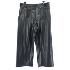 CeCe Women s Black Faux Leather Cropped Wide Leg High Rise Pants Large NWT