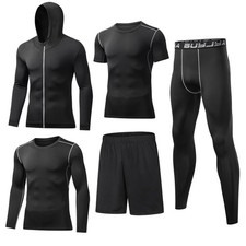5Pcs Men's Compression Pants Shirt Top Long Sleeve Jacket Athletic Sets Gym C...