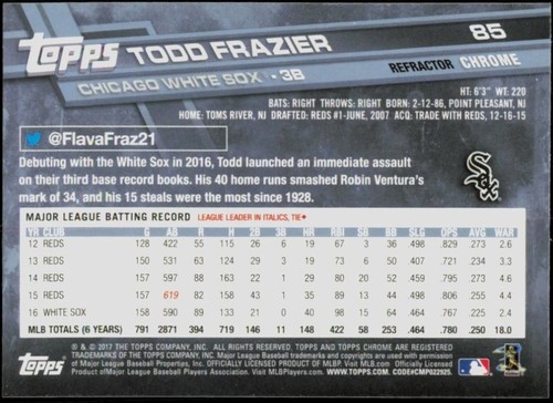 2017 Topps Chrome Refractor Lot #85 Todd Frazier Chicago White Sox Parallel Card - Picture 3 of 3