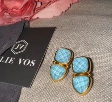 Julie Vos Iridescent Blue 24k Gold Plate Stud Statement Earrings NWOT