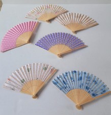 Lot Of 6 Vintage Chinese Silk Bamboo Folding Fan with Flowers 8.25 H