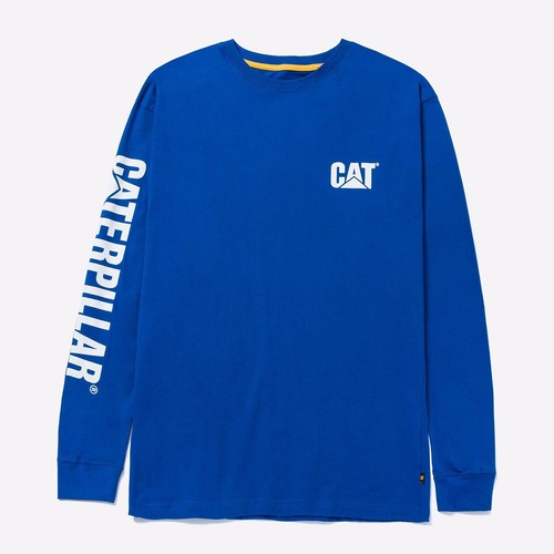 Caterpillar Trademark Banner Long Sleeve Casual Work T-Shirt Mens Blue