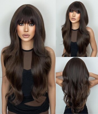 Women Long Wavy Dark brown Synthetic Hair Heat Resistant Dress Up Wig With Bangs