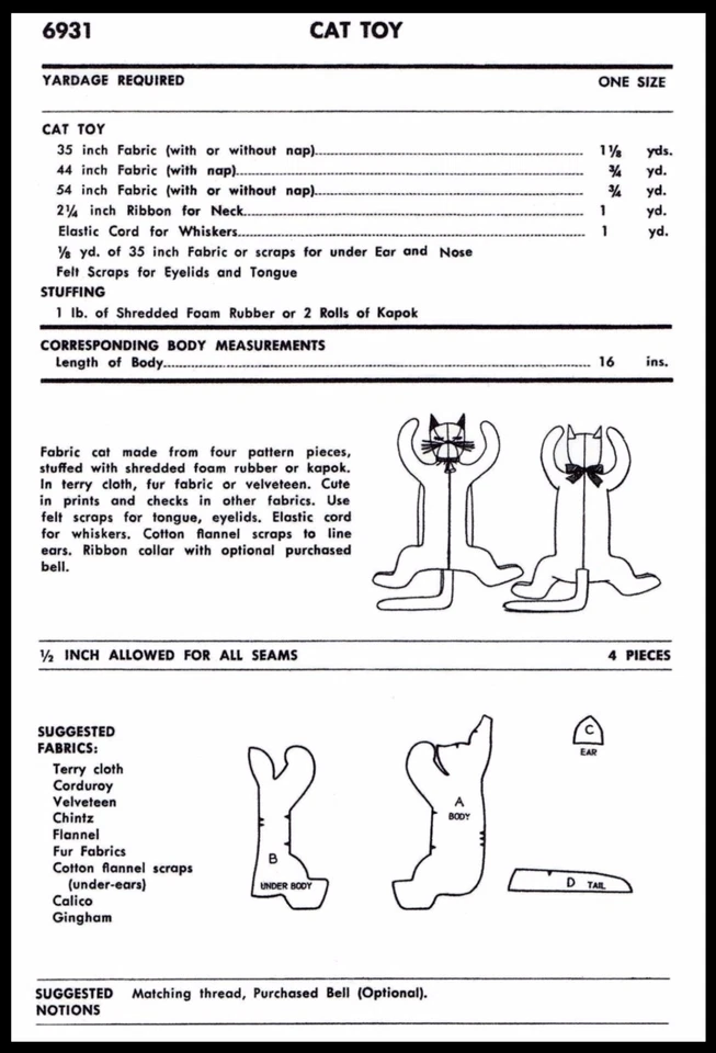 Advance 6931 Stuffed Animal Pattern Sleeping KITTY CAT TOY GIRL BOY Child KIDS - Image 2 of 4