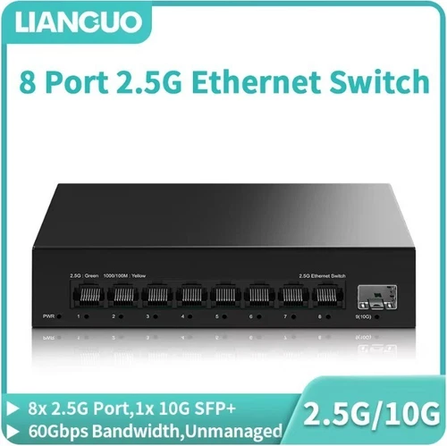 LIANGUO 2.5Gb 8 Port Ethernet Unmanaged Network Switch with 10Gb SFP+ Slot
