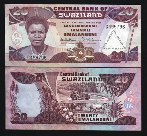 Swaziland 20 EMALANGENI P-17 1989 21st King COMMEMORATIVEUNC World Currency NOTE - Picture 3 of 6