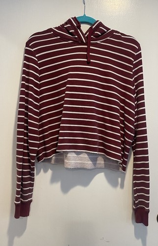 Hollister Hoodie Women L Red White Stripe Cutoff Cropped Long Sleeve Sweater - Picture 2 of 8