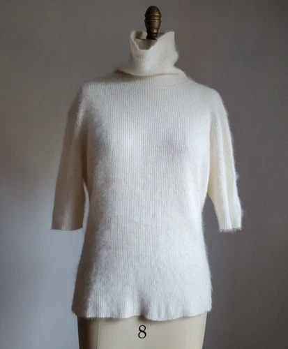 VINTAGE IVORY FURRY ANGORA MINI RIBBED TURTLENECK SHORT SLEEVED SWEATER XL
