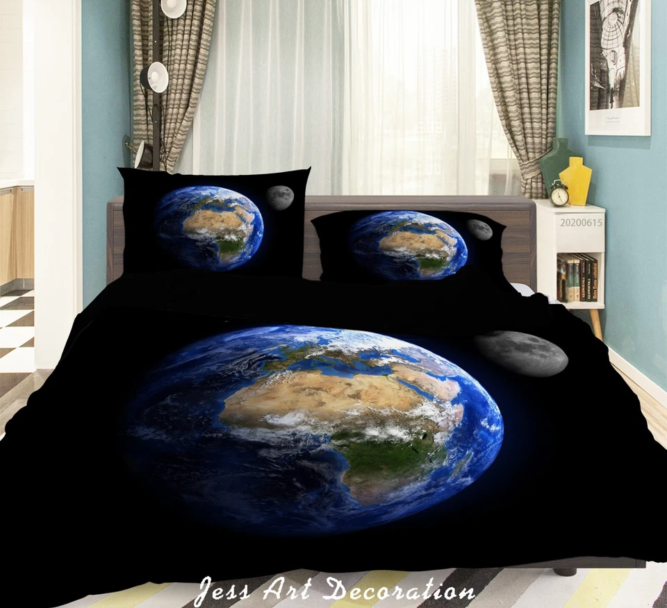 Juego de funda de edredón 3D Tierra Espacio Planeta Azul Negro Juegos de cama Fundas de almohada 64 Foto 2 de 4