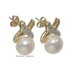 Solid 14k Yellow Gold X-Design Diamond & White Cultured Pearl Stud Earrings