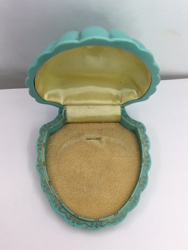VTG ART DECO PLASTIC JEWELRY BOX - TEAL TURQUOISE/ CLAM SHAPE (B262) - Picture 4 of 9