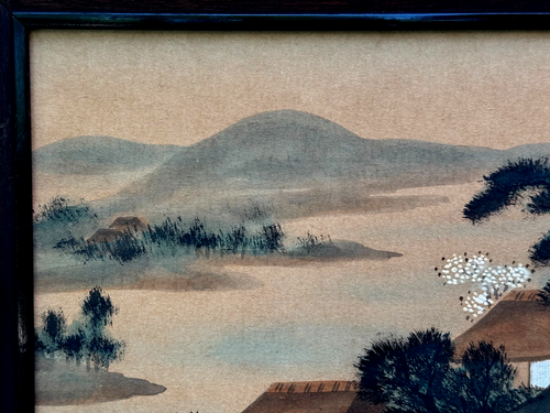 VINTAGE ANTIQUE ORIGINAL ASIAN PAINTING CHINESE JAPANESE RIVERSIDE VILLAGE DUSK - Picture 9 of 15