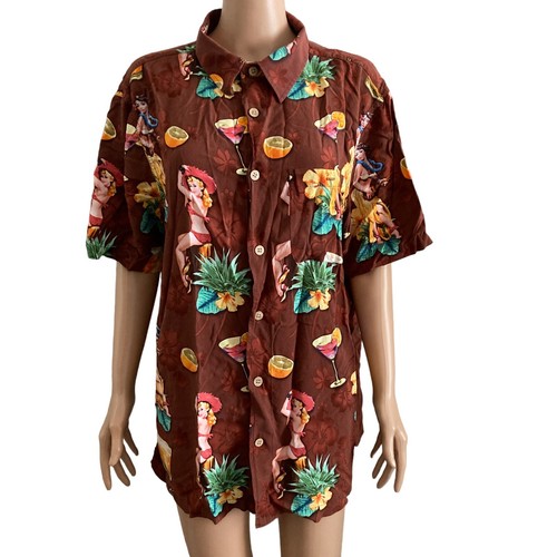 Junction West Shirt Mens 2XL Hula Girl cocktails Hawaiian Brown Lightweight - Picture 10 of 10