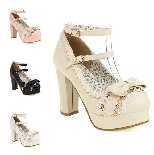 Zapatos de vestir para mujer Mary Janes con moño de tacón alto punta redonda Lolita D - Imagen 2 de 21