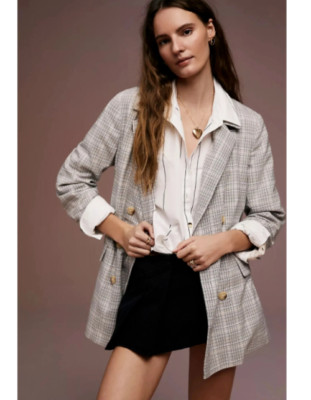 Free People Damen Olivia langer karierter karierter Arbeitsblazer Jacke Größe L