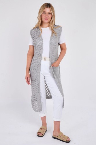 Cardigan donna donna uncinetto smanicato maxi top giacca rete pesce lungo estivo - Foto 15 di 30