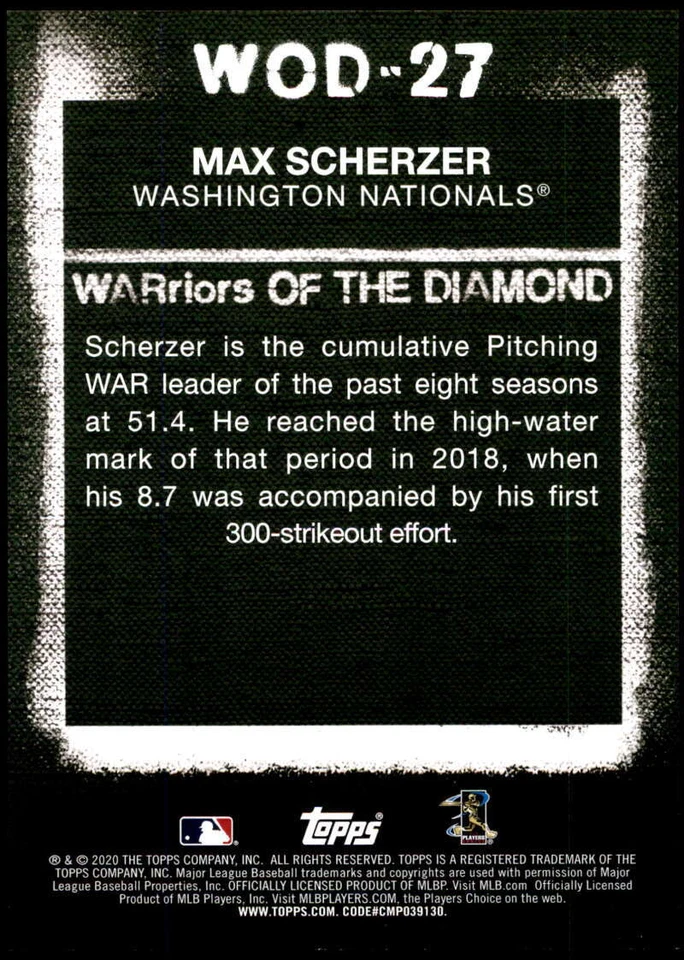 Max Scherzer 2020 Topps WARriors of the Diamond 5x7 Gold #WOD-27 /10 Nationals  - Image 2 of 2