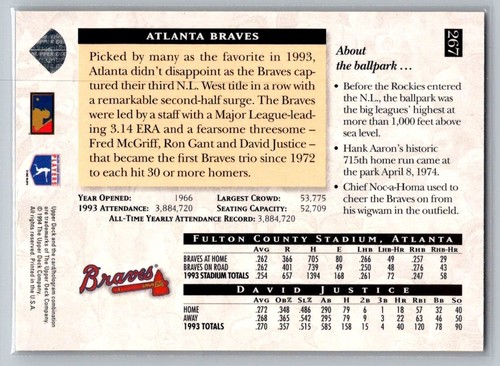 1994 Upper Deck Homefield Advantage David Justice #267 - Picture 2 of 2
